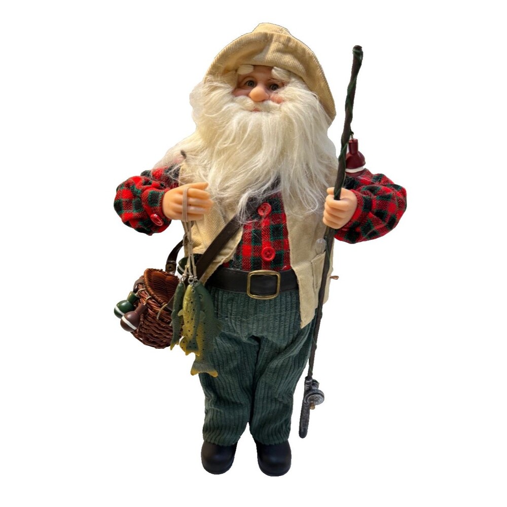 Santa Claus Figurine Fisherman Fishing Pole Angler Christmas Figurine 16.5"